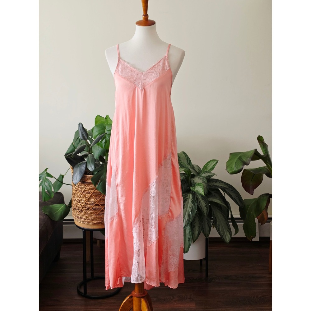 Intimately Free People Coral Pink Lace Maxi Slip Dress XS Boho Lingerie Style